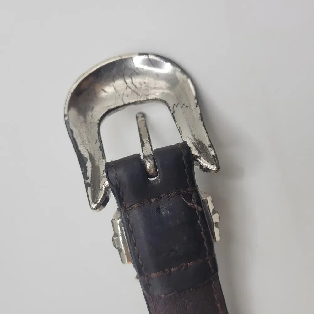 Brown Leather Belt Mens 44 Western Concho Silver Buckle Studded Cowboy Rodeo‎
